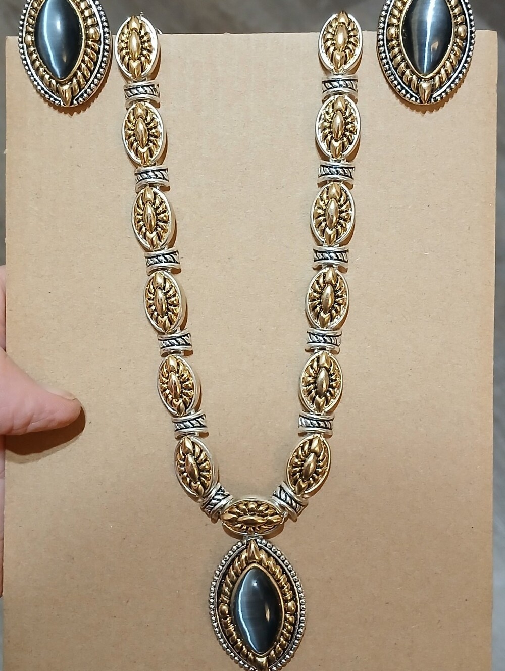 Gold and Silver Teardrop Pendant Necklace and Earrings Set